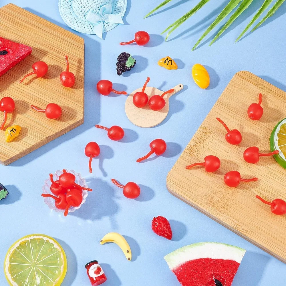 100pcs Miniature Artificial Cherry Decorations for Party Decor and Pretend Play