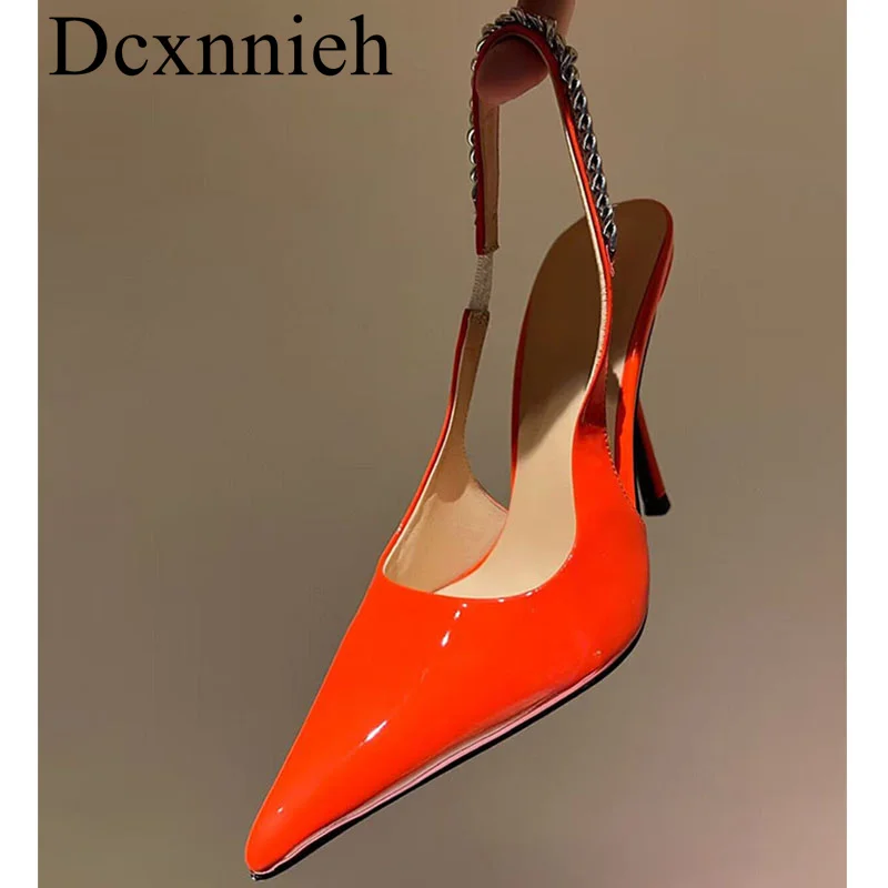 

Pointed Toe Closed Toe Patent Leather Sandals Women's Chain Decor High Heel Pumps Summer Sexy Party Dress Shoes Wedding Shoes