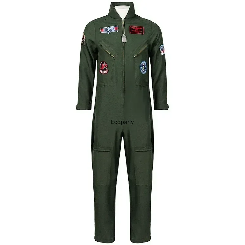 Adult Halloween Top Gun Pilot Costume for Men Air Force Cosplay Uniform Jumpsuits with Necklace Glasses Carnival Party Outfits