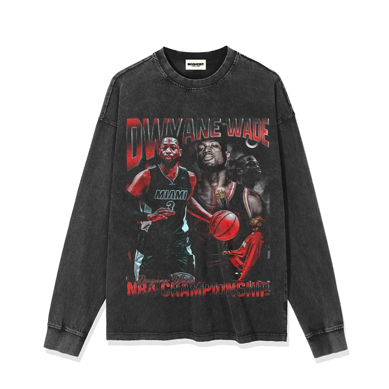 

New Basketball Star Wade Long Sleeve T-shirt for Daily Sports Short Sleeve Round Neck Comfortable and Loose Fit Plus Size