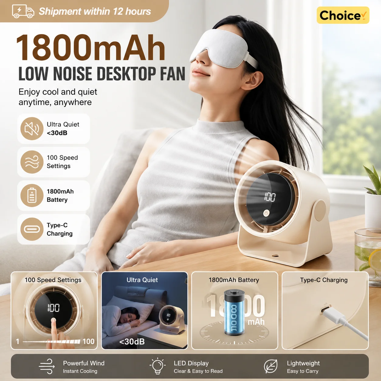 Low-noise And Silent 100-speed Adjustable LED Display, Large-capacity Mini Desktop Wall-mounted Fan 1800mah_voghion.com