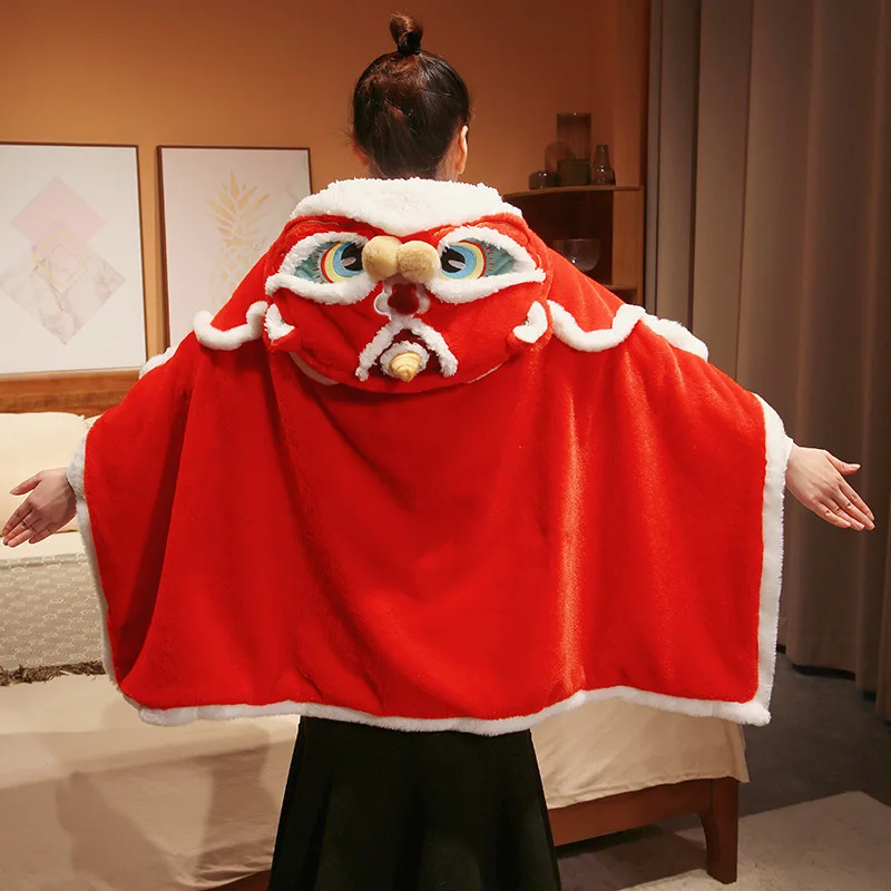 

hot Hooded Blanket Chinese Lion Dance Plush Warm Soft Throw Blankets Lovely Shawl With Gloves Kid Adult Aircondition Quilt gift