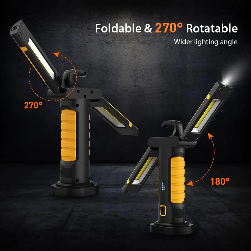 휴대용 충전식 LED 작업등, 접이식 3 COB 작업등, 마그네틱 Base270 ° 회전, 6 가지 조명 모드, 작업 손전등