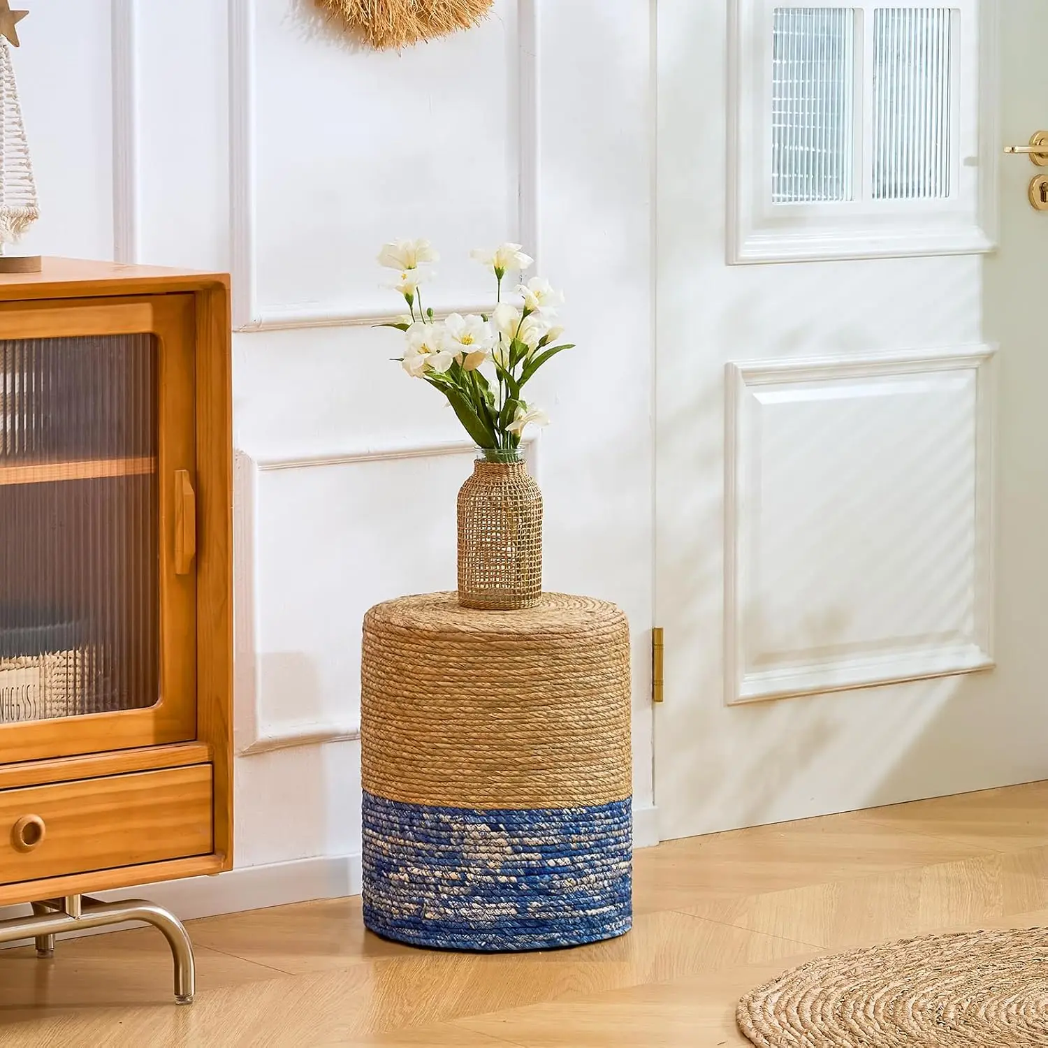 Natural Seagrass Foot Stool, Hand Weaving Round Ottoman, for Living Room, Outdoor Seat (Natural & Blue)