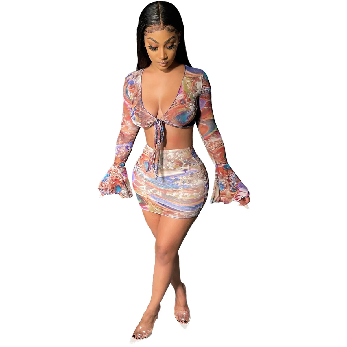 

2024 летний женский мини-комплект с юбкой, привлекательный сетчатый прозрачный расклешенный комплект из двух предметов с длинным рукавом и цветочным принтом