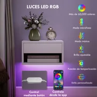 Homcom Набор из 2 плавающих тумбочек со светодиодной подсветкой RGB, управление через приложение, тумбочки для спальни с выдвижным ящиком, открытая полка, для гостиной, 37X32X21 см — изображение 4