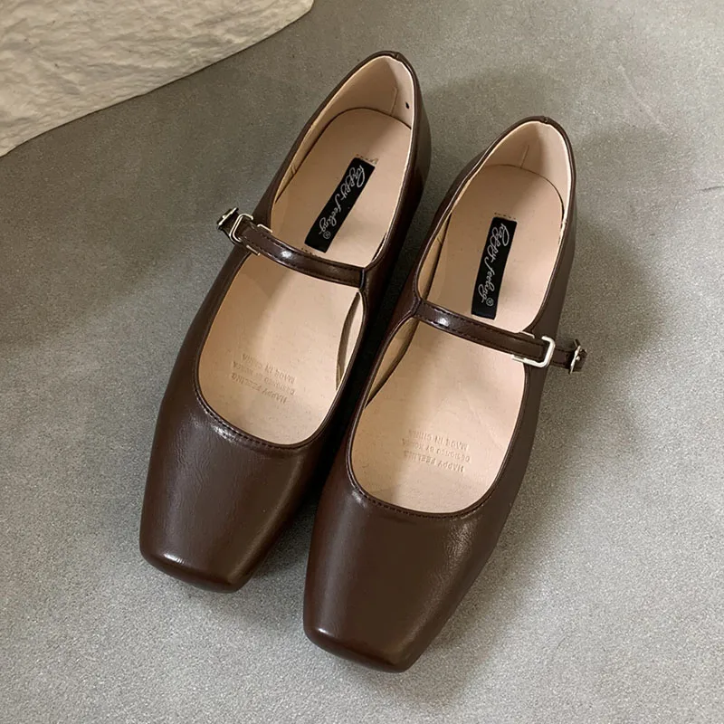 

2024 Summer Brown New Brand Women Flats Fashion Square Toe Shallow Mary Jane Shoes Soft Casual Ballet Shoes Slingback Shoes