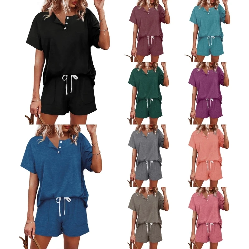 

Women Summer Casual 2 Piece Outfit Button Down V-Neck Top and Shorts Loungewear N7YD