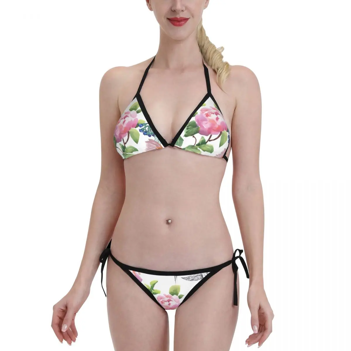 

New Sexy Bikini Sets Watercolor Swimsuits Colorful Flowers and Birds Women Push Up Bather Swimming Suit Summer Beachwear Set