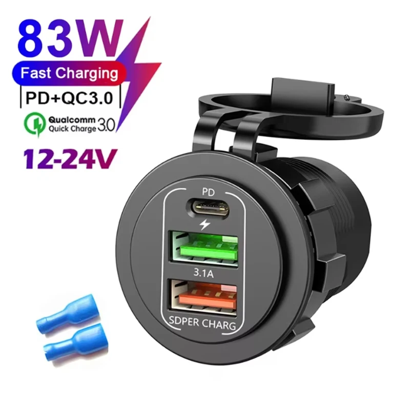 מטען לרכב עם 4 יציאות PD כפולות QC 3.0 USB עם מתאם תקע וולטמטר עמיד למים לרכב ולסירה במתח 12V/24V