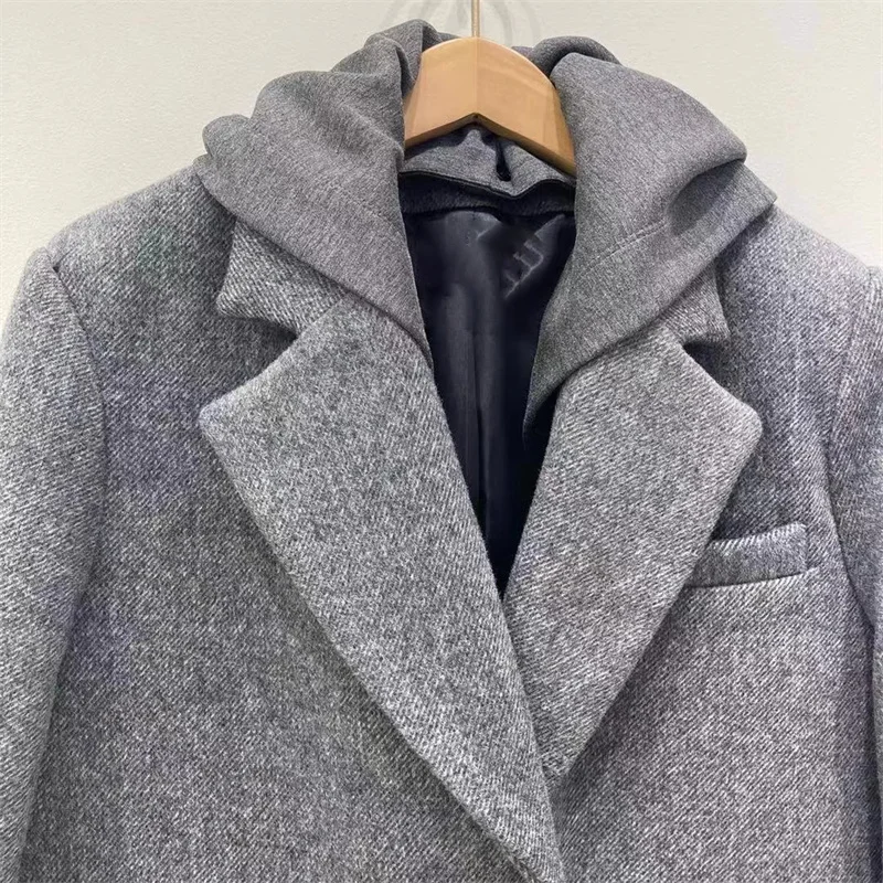 Women blazer women's blazer winter high-quality wool blend women's suit jacket Shoulder pad slim fit hood Women's coat