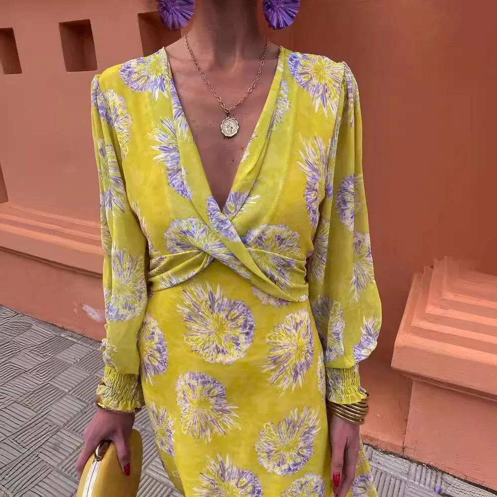

Ladies Elegant Long-Sleeved High-Waisted Midi Dress Women Fashion Boho Printed V-Neck Dress Female Chic Commuter Street Vestidos