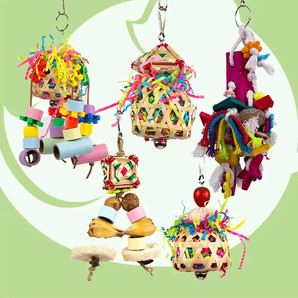 

Parrot Bird Hanging Chewing Toys Natural Bamboo Cage Shred Foraging Toy With Bells Bird Cage Accessories