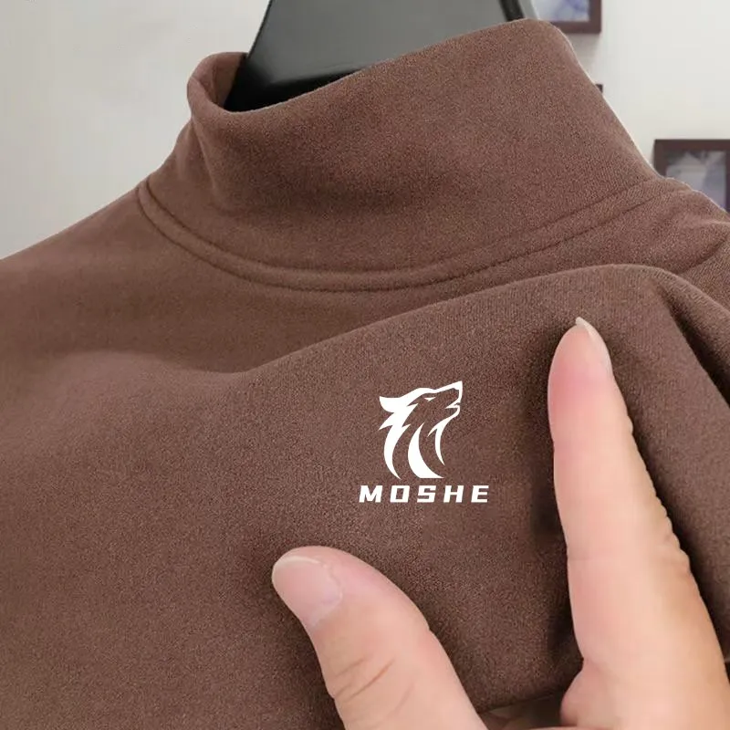 New Semi High Neck Solid Color Base Shirt for Men, Double-sided German Velvet Long Sleeved Autumn and Winter Warm Top T-shirt