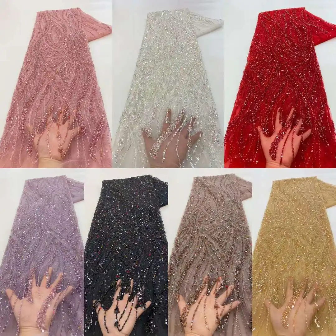 Latest Pink African Lace Fabric High Quality Sequins Groom Embroidery For Women Wedding Party Dress Mesh Fabric 5 Yards