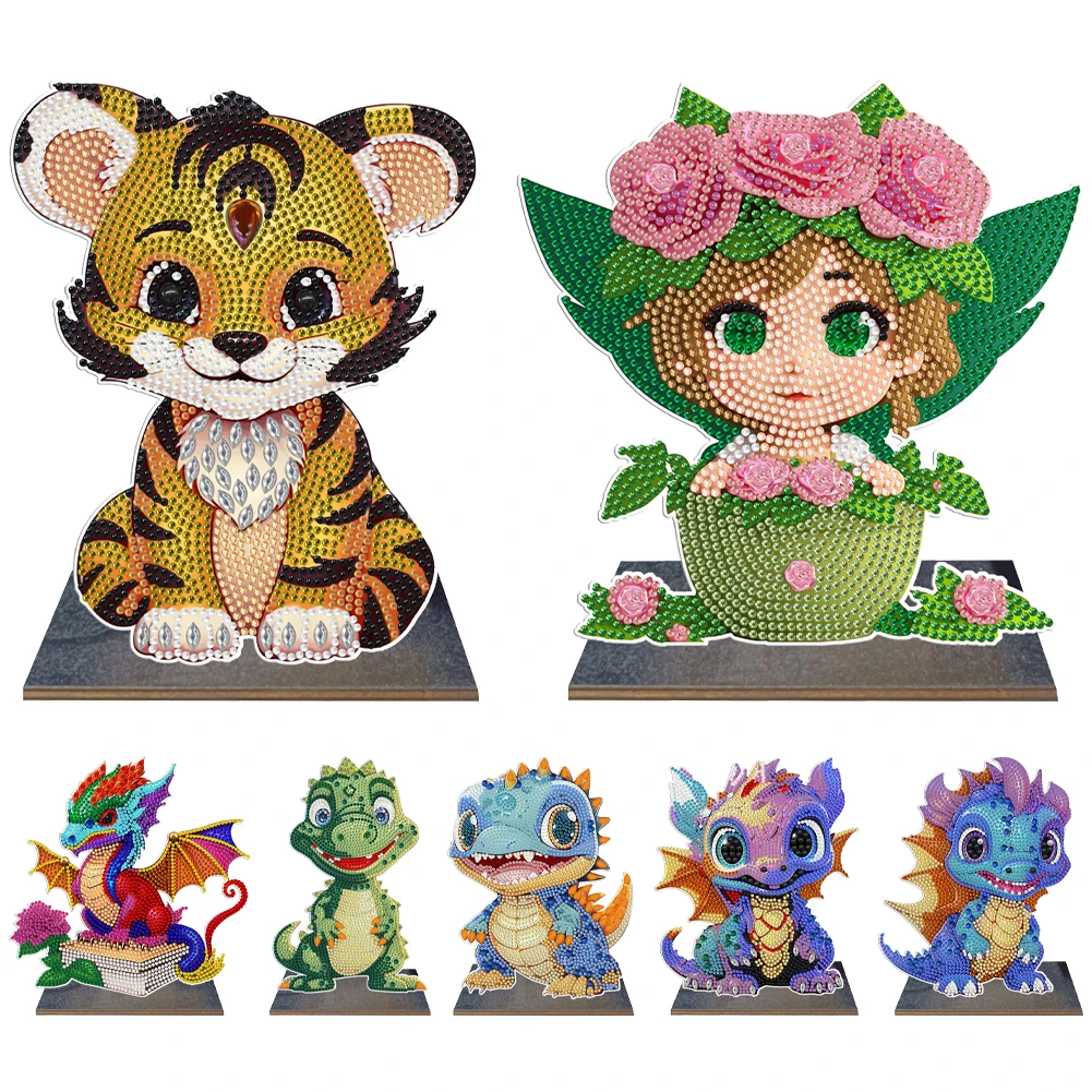 Wooden Diamond Art Table Decor Tiger Crystal Painting Desktop Kit