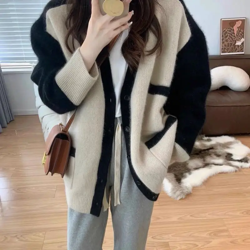 

ZARSAFLY V Neck Loose Knitted Cardigan Women Fall Winter Korean Thickening Splicing Long Sleeve Sweater Outerwear