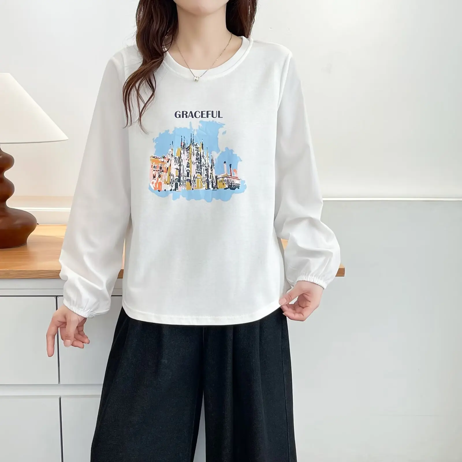 Fashion Plus Size Women's T-Shirt Autumn New Style Of Youthful Printed Long Sleeved round-neck Tops 2558