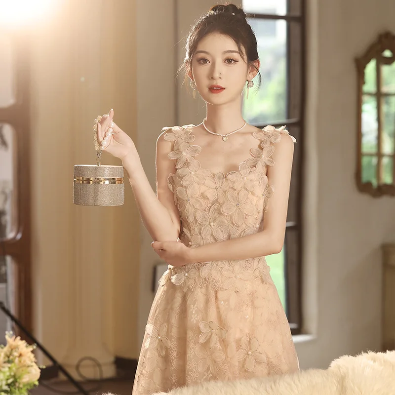 

Harajpee Evening Dress Women 2024 New Fairy French Suspender Host Engagement Dresses Light Luxury Niche Flowers Chic Vestido