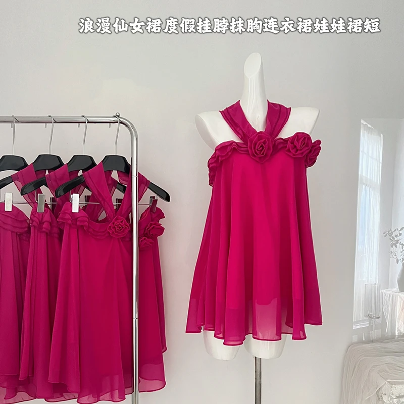 

Модное французское свободное мини-платье, новинка сезона весна-лето 2024, короткая юбка без рукавов, платье с лямкой на шее, праздничное сказочное платье