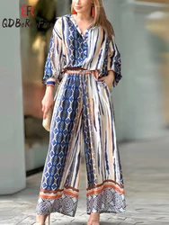 Spring Summer Women Pants Suits Elegant Office Printed Casual Oversized Long Sleeve Shirts Wide Leg Pants Two Piece Sets Womens