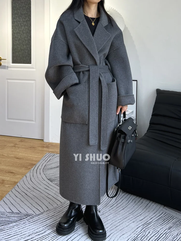 

Korean High-end Women's Pure Gray Black Double-sided Autumn Wool Coat Bathrobe Loose Lace Up Woolen Overcoat X-Long Sleeves