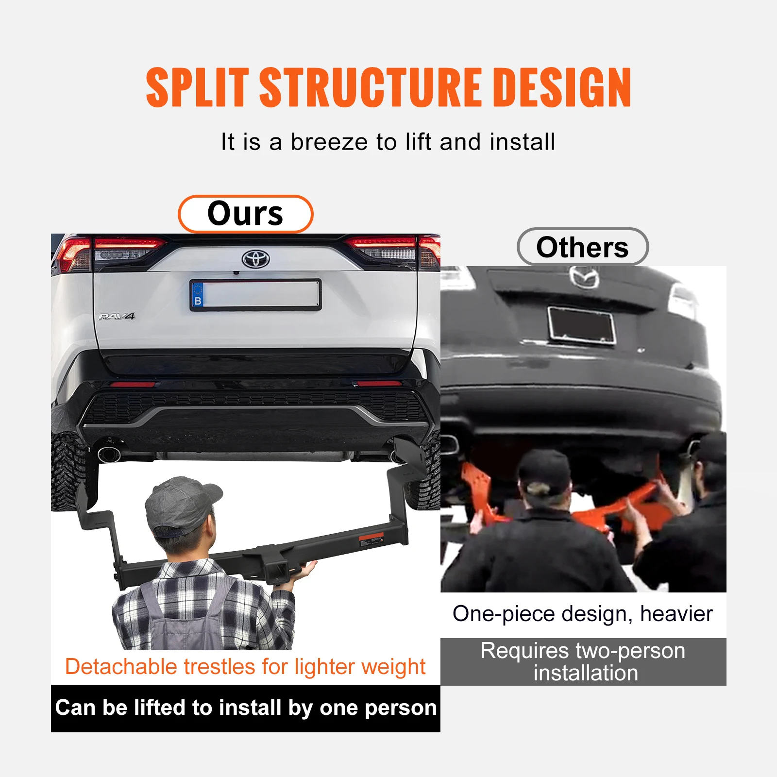 VEVOR Class 3 Trailer Hitch Compatible with Steel Tube Frame Multi-Fit to Receive Ball Mount Cargo Carrier Bike Rack Tow Hook