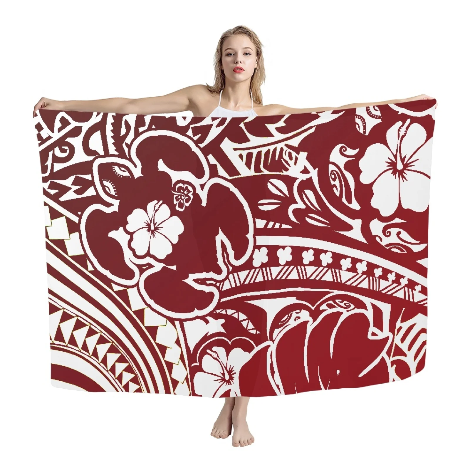 

HYCOOL-Polynesian Tribal Turtle Print Beach Sarong for Women, Hibiscus Swimsuit Cover Ups, Red Beachwear, Hawaiian Skirt, Summer