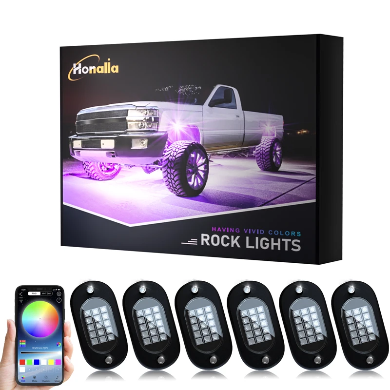 Rock Lights For Jeep 8 Pods RGB LED Rock Lights With APP/RF Remote Control High Brights Waterproof Underglow Multicolor Zone Neon Exterior Rock Lights For 12v Trucks Jeep Utv Atv Rzr Offroad