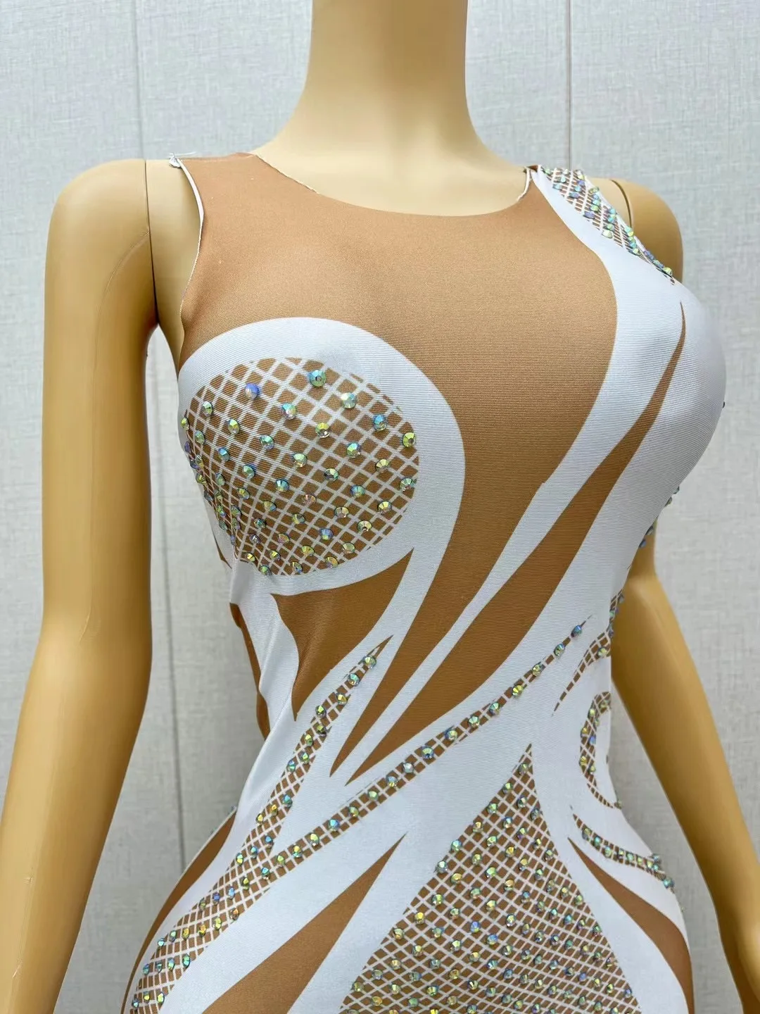 Women High Street Sparkly AB Crystals White Printed Jumpsuit Nightclub Birthday Party Stage Performance Dance Rompers Outfit 4