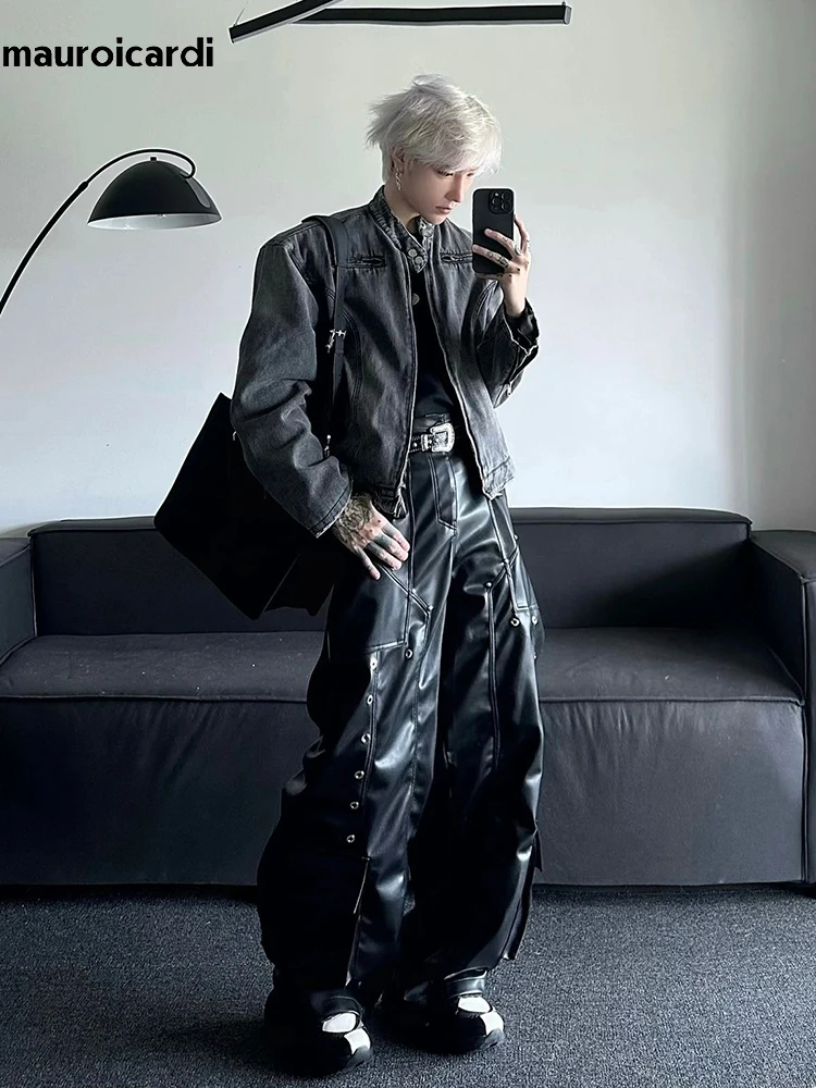 Mauroicardi Spring Autumn Long Loose Casual Black Shiny Pu