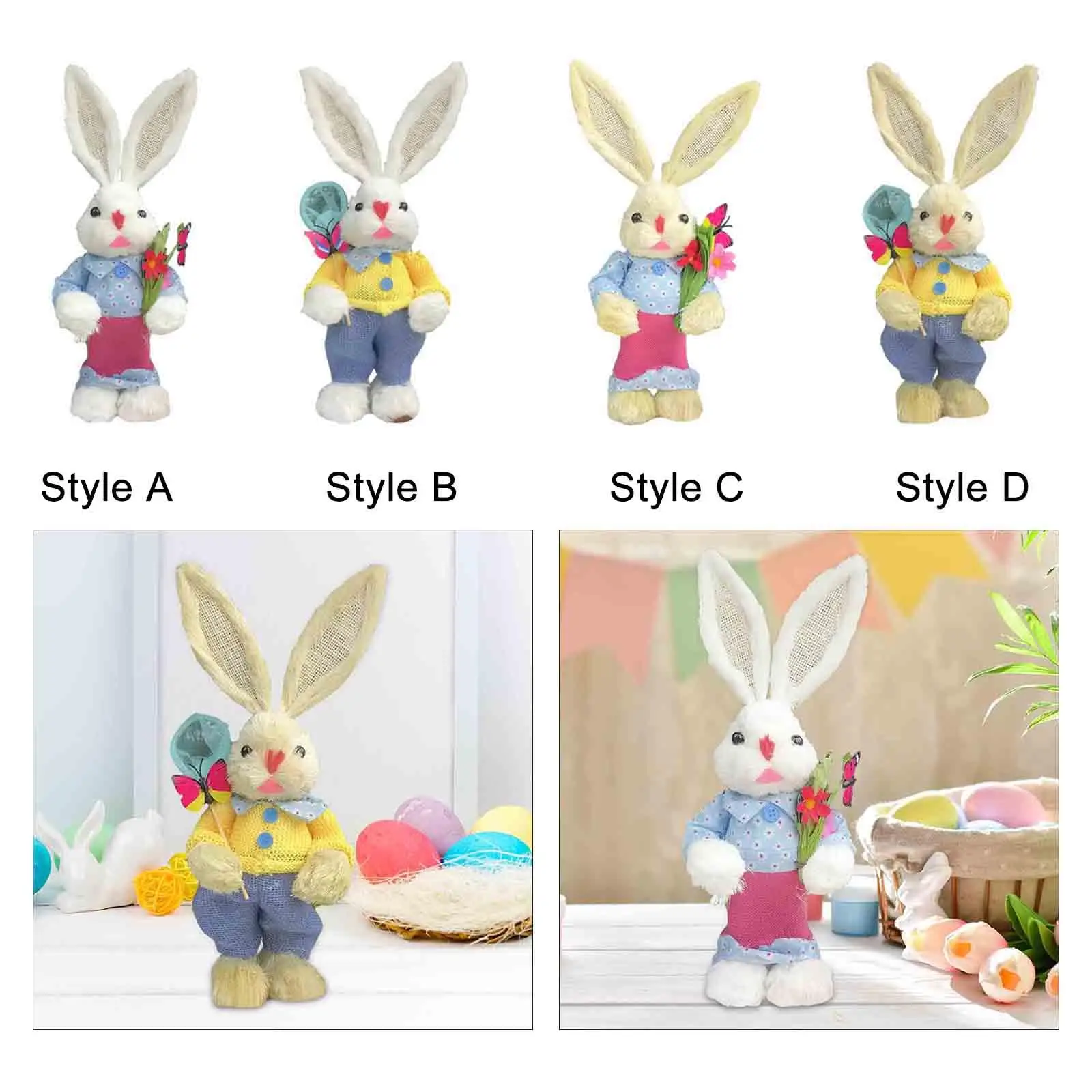 Easter Straw Bunny Rabbits Tabletop Statue Artificial Animal Sculpture Animal Figurines for Farmhouse Desktop Easter Home Decor