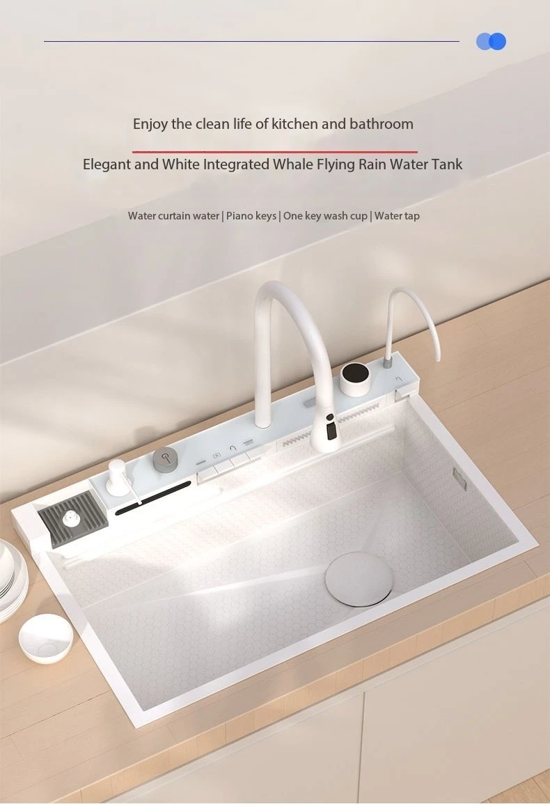 Description Picture 3 of itemWhite Cocina Waterfall Kitchen Sink Honeycomb Large Digitial Display Stainless Steel Drainage left right 5mm Panel