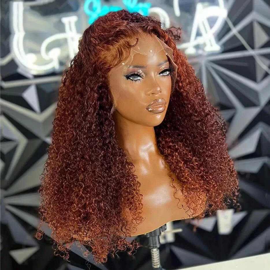 

250% Reddish Brown Kinky Curly Glueless Pre plucked with Baby Hair 40 inch Human Hair 13x4 Lace Front Wig Colored Human Hair Wig