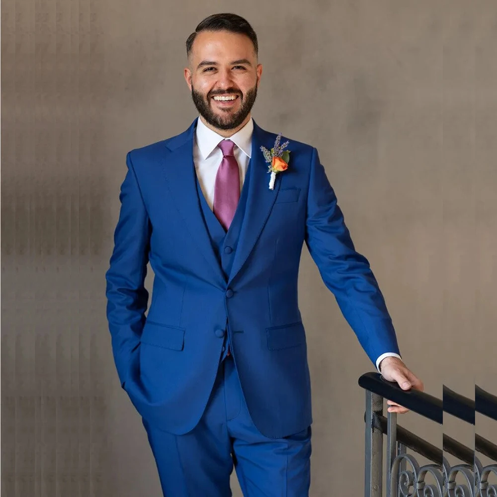

Elegant Men's Suits Business Outfits Set Blue Single Breasted Notch Lapel Formal 3 Piece Jacket Pants Slim Fit Terno Ropa Hombre