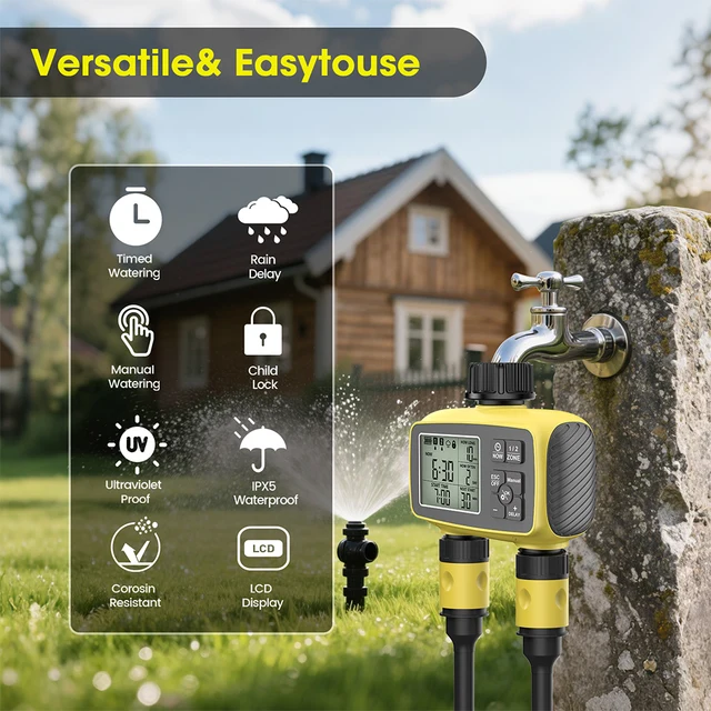 Large Screen Display Garden Irrigation Timer 2 Outlets Smart Water Timer Irrigation Control System Timed Water Value IPX5 2