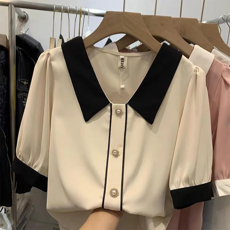 여성용 인형 칼라 대비 쉬폰 셔츠, 반팔 풀오버, 스타일리시 동안 감소, 기질 셔츠 상의, 여름 신상