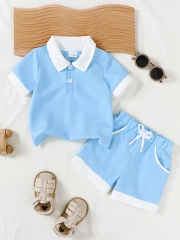 Summer Preppy Baby Boys Light Blue Matching Suit Polo Lapel Commuter Short Sleeve + Pocket Shorts Two-Piece Set 1