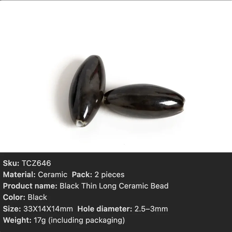 Schwarze dünne lange Keramikperlen für die Schmuckherstellung, DIY-Bastelperlen für Armbänder, Halsketten, Ohrringe, 2 Stück TCZ646 – Detail 4