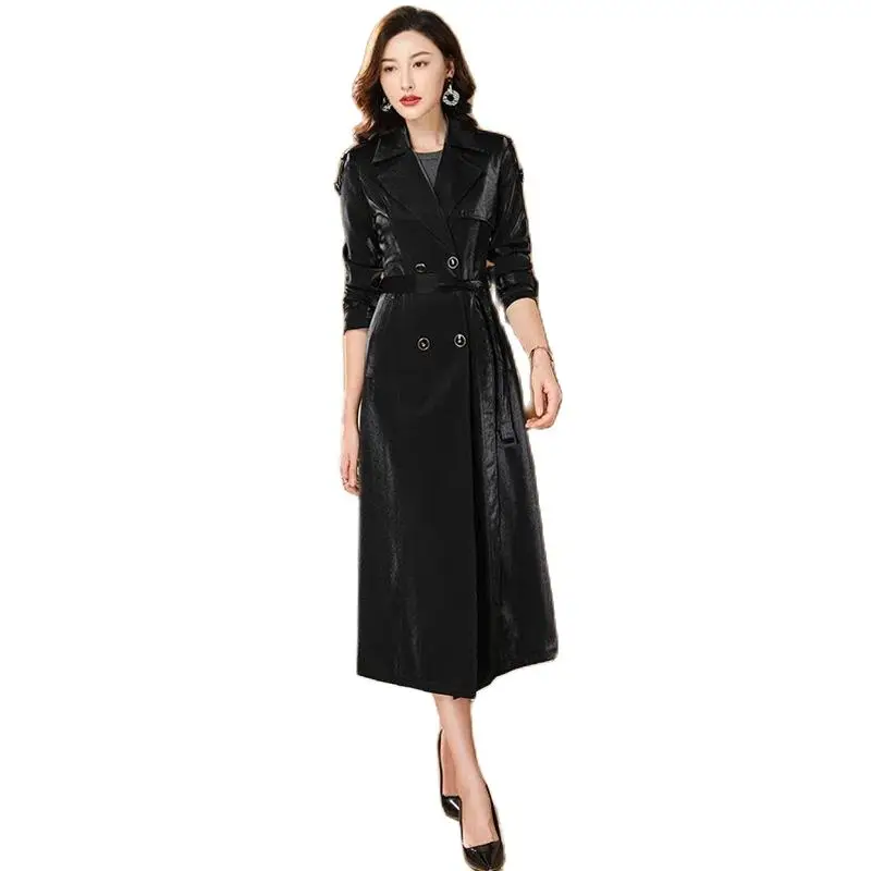 

Wine Red This Year's Popular Windbreaker Women's Knee-high Belt Coat Spring And Autumn New Glossy Slim Temperament Long Overcoat