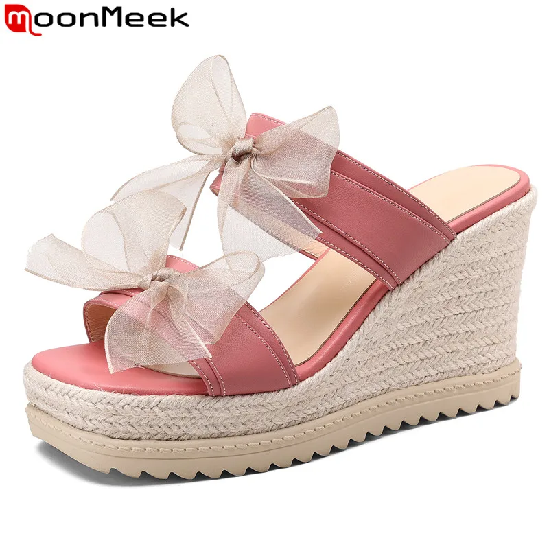 

MoonMeek 2023 New Butterfly Knot Party Slippers Woman Genuine Leather Ladies Summer Shoes Wedges High Heels Platform Slippers