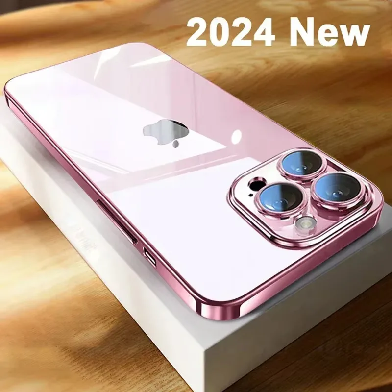 Phone Case Plating Clear Phone Case For iPhone 16 15 14 Plus 11 12 13 Pro Max Full Lens Protect Soft TPU Shockproof Back Cover