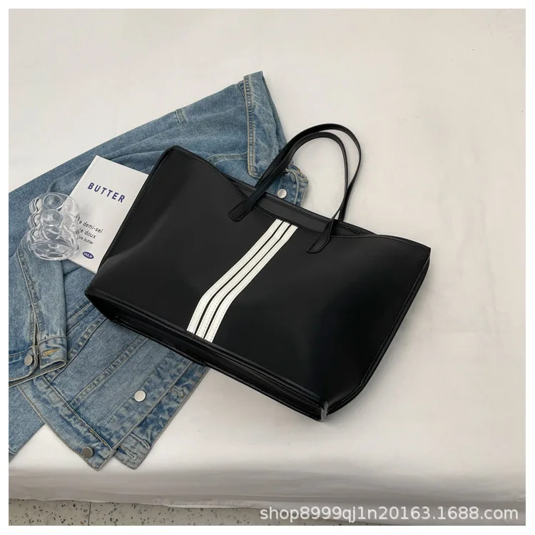 

2023 New Simple Casual Vegetable Basket Women's Bag One Shoulder Large Capacity Trendy Stripe Fashion Shopping Tote Bag