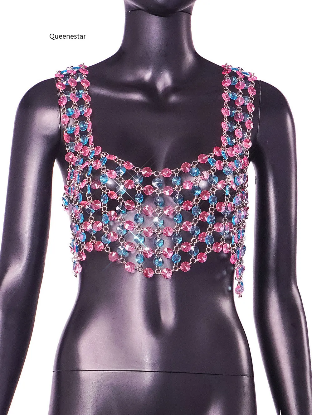 

2023 Adjustable Women Short Camis Hollow Out Pink Blue Diamonds Beading Halter Vest Breast Chain Night Clubwear Sexy Body Chain