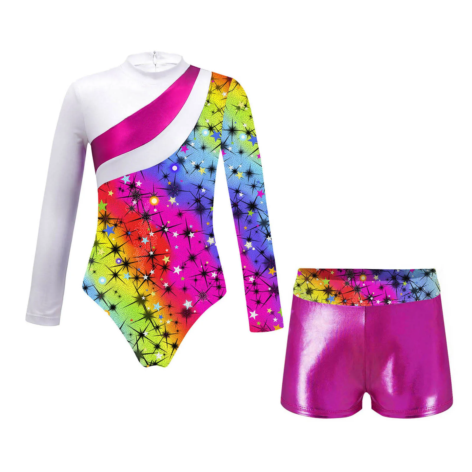 

Kids Girls Ballet Leotard Set Long Sleeve Printed Patchwork Leotard+Shorts Dance Bodysuit Ballerina Dress Gymnastics Performance