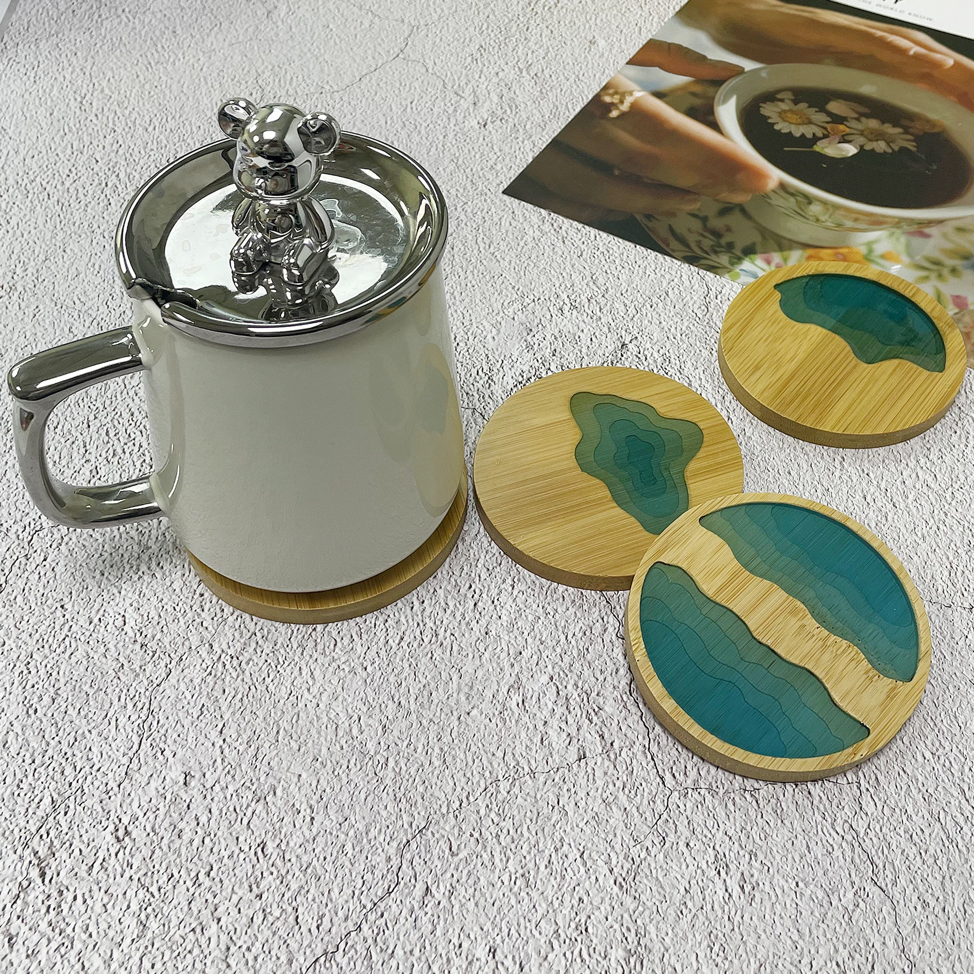

5pcs Epoxy Resin Transparent Bamboo Round Tea Coaster Cup Holder Heat Insulation Mat Kung Fu Tea Set Tea Ceremony Accessories