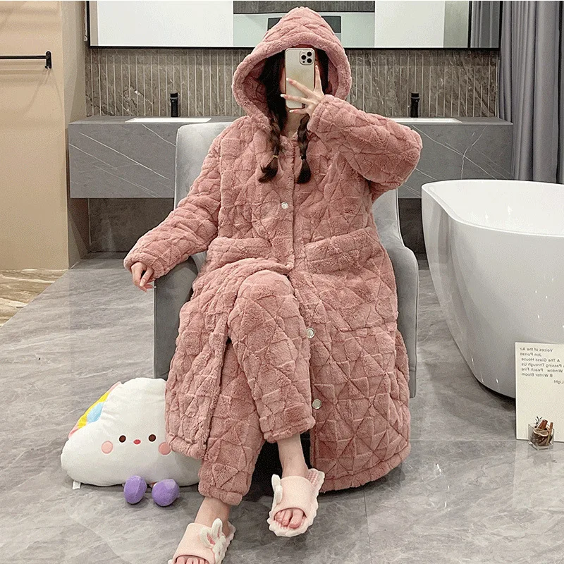 

Hooded Long Robe Female Cotton-Padded Coral Fleece Sleepwear Winter Thickened Flannel Pajamas Set Pijamas Plus Size Home Wear