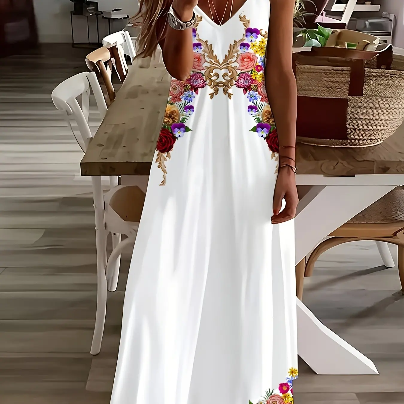 thumbnail image 1 of Vestido informal de verano con tirantes, estampado geométrico sencillo, para playa, vacaciones, moda informal, sin mangas, falda larga holgada con tirantes, 1 of 4
