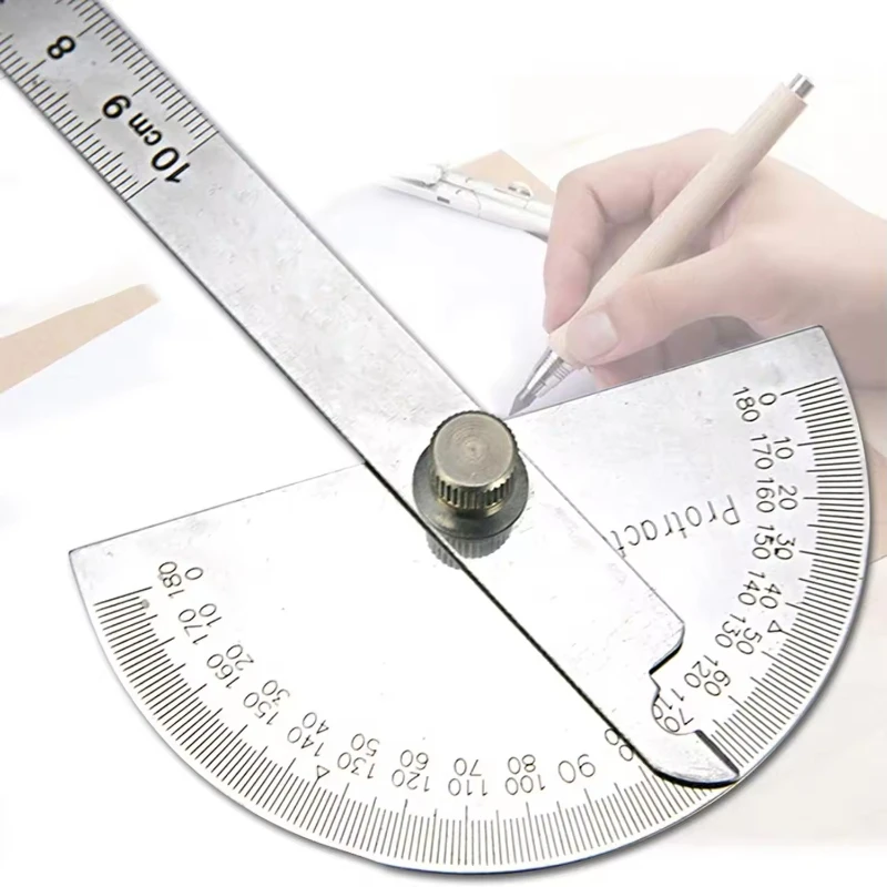 Stainless Steel Angle Ruler, Woodworking Manual Measuring Tool, 0-180 &deg; Metal Angle Measuring Instrument, Round Head Protractor