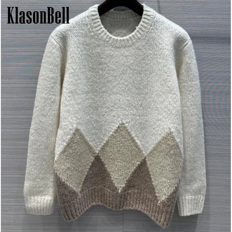 

11.29 KlasonBell Men Women Same Argyle Plaid Spliced Color Coarse-yarn 100%Cashmere Knit Keep Warm O-Neck Loose Sweater